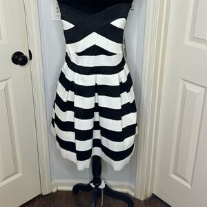 Express Strapless Black & White Striped Fit & Flare Dress Size L Knee Length